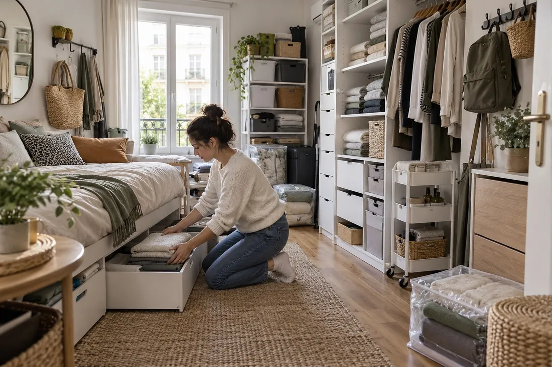 Tiroirs de commode avec linge plié debout et séparateurs, couleurs alignées, intérieur net